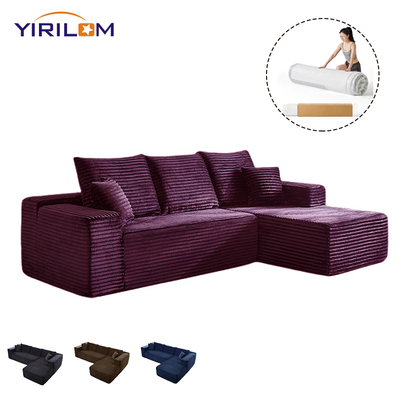 Super Deep L-Shape Modular Couch Convertible Chaise for Living Room Gray Plush Corduroy Fabric Compressed Sofa